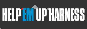 Logo of Help 'Em Up Harness with blue and gray text, featuring a red upward arrow on the letter 'm'.