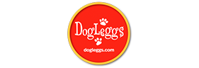 Logo of 'DogLeggs' featuring paw prints, enclosed in a red and yellow circular design.