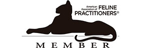 Logo of a reclining cat silhouette with the text "American Association of Feline Practitioners Member".