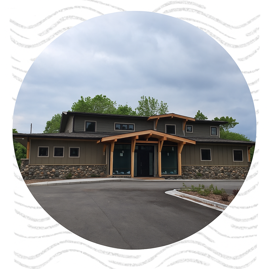 Modern building with a dark roof, tan wooden beams, and stone foundation.