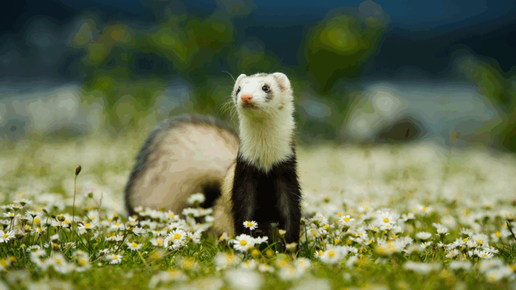 Ferret standing in a field of white daisies, looking up.