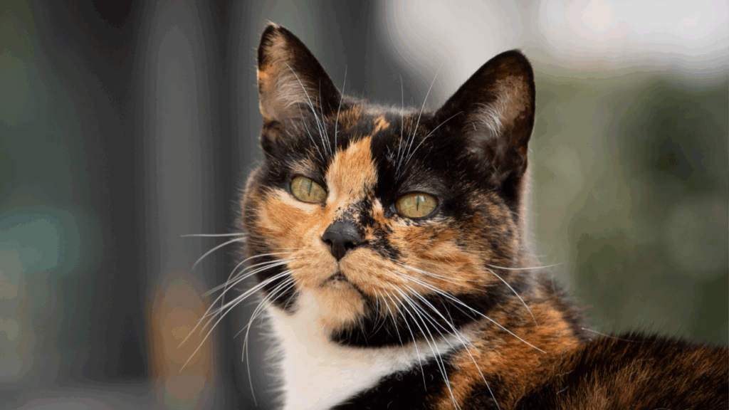 Close-up of a calico cat with striking green eyes and a serious expression.